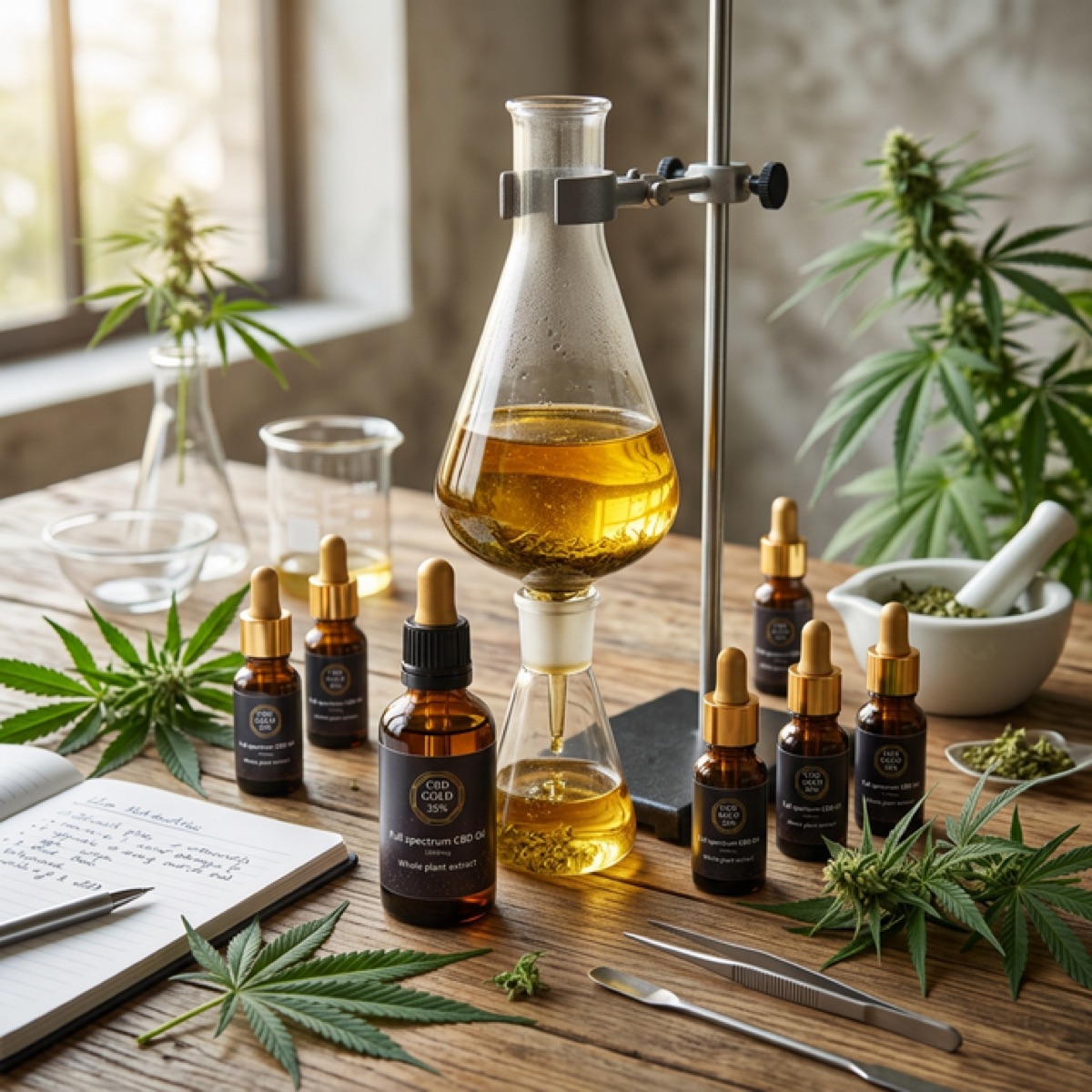 Hanfpflanzen und CBD-Extraktion im Labor