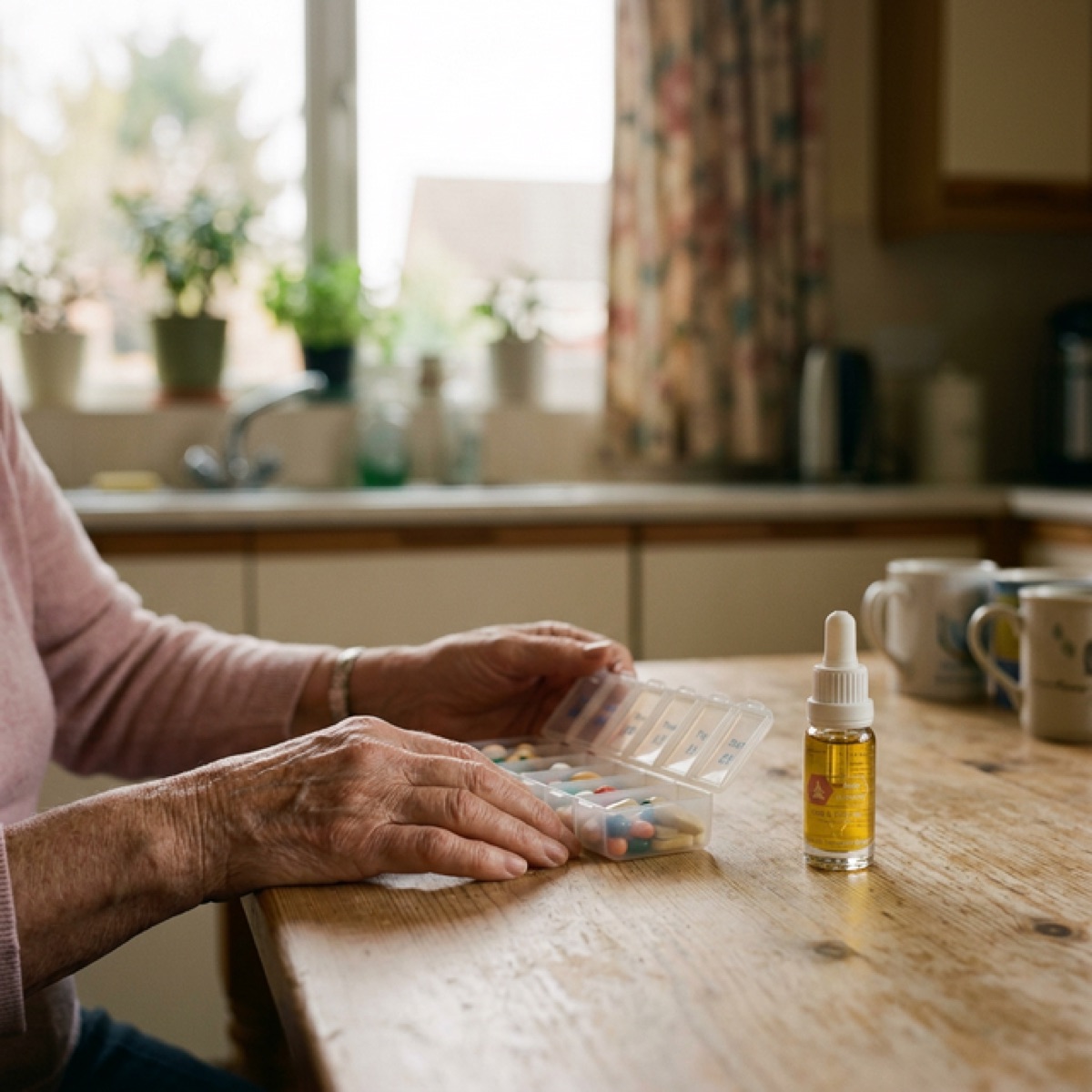 Ältere Frau mit Pillendose und CBD Öl