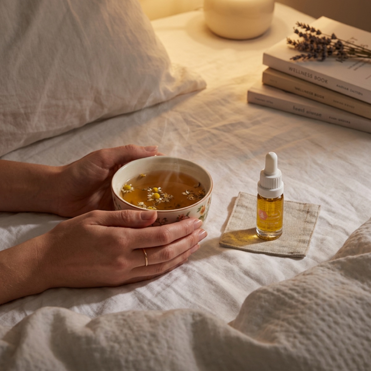 Gemütliche Abendszene mit Tee und CBD Öl